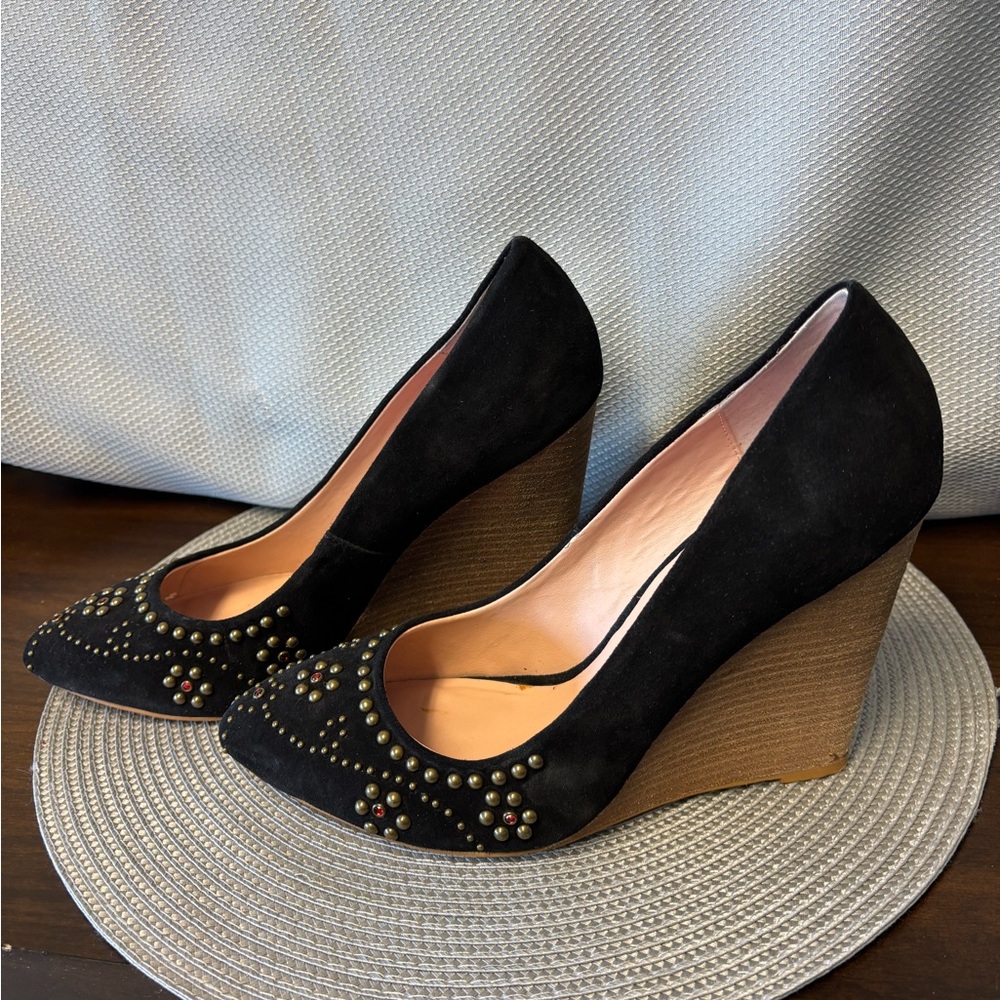 Betsey Johnson black suede wedge with  studs and red stones on the toe box. - Picture 2 of 3